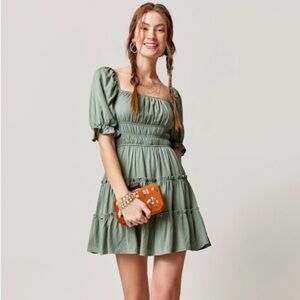Trixxi Olive Green Smocked Mini Dress